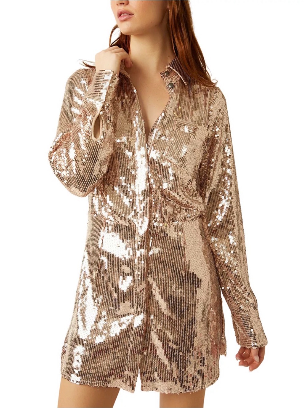 Free People Sophia Rose Gold Sequin Mini Shirt Dress
